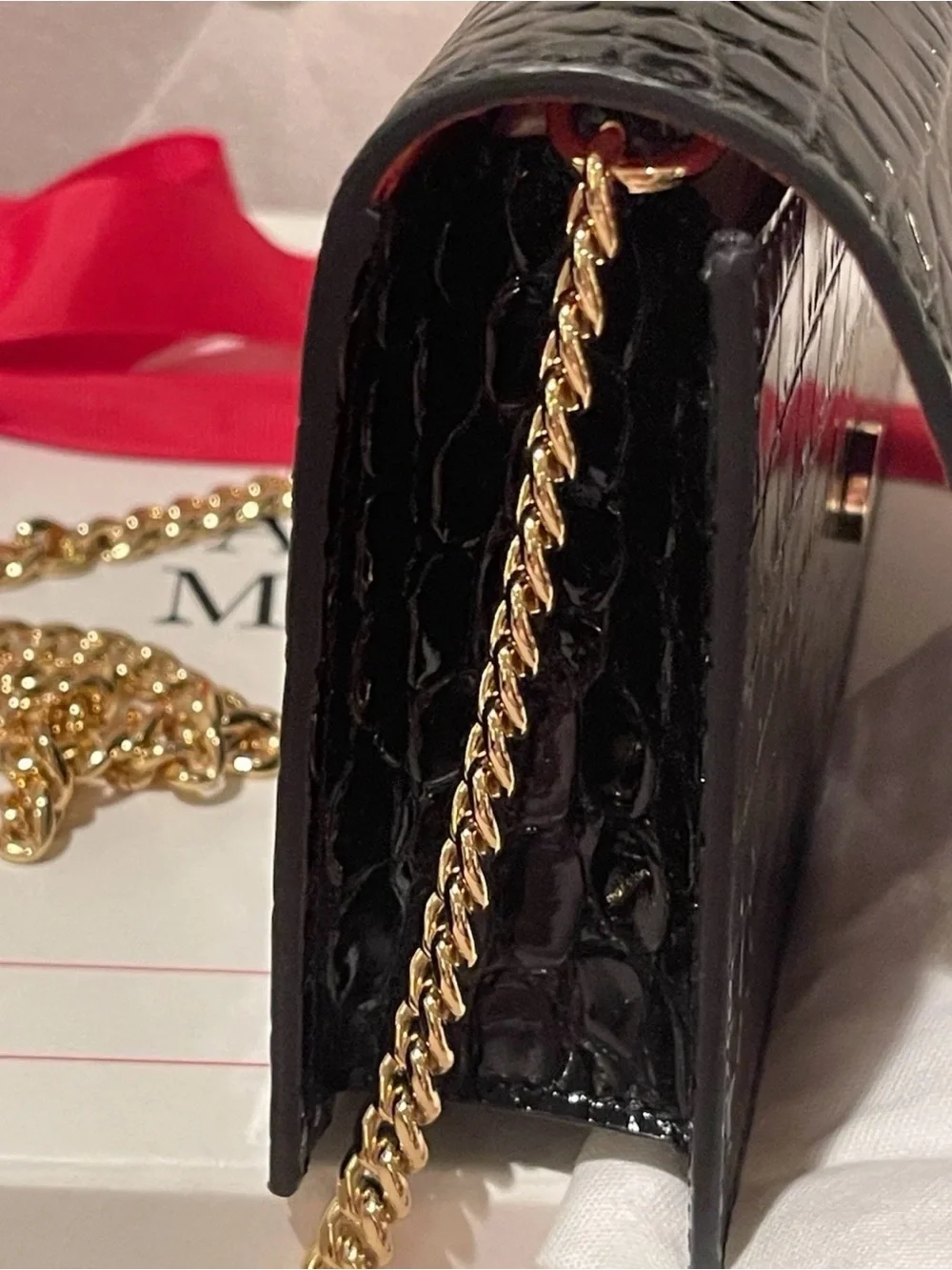 ALEXANDER MCQUEEN Black Croc Embossed Leather Skull Bag Gold Chain NWT$990